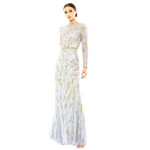 NEW! Mac Duggal Platinum Silver Gold Paisley Beaded Long Sleeve Gown SZ 6